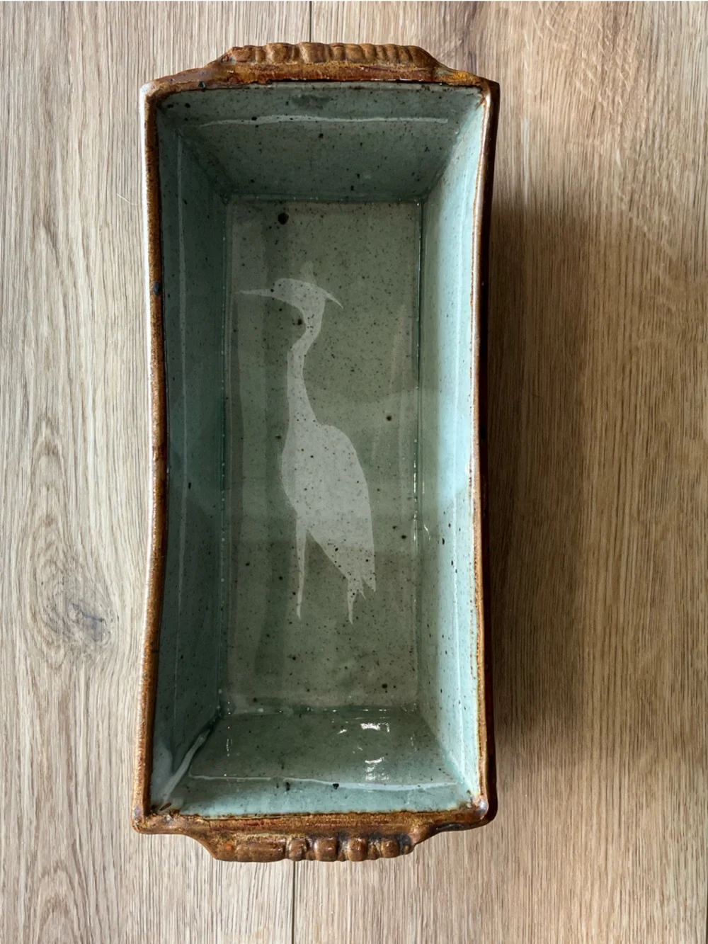 Handmade Rectangular Ceramic Baker with Heron Motif - Seafoam Green & Brown